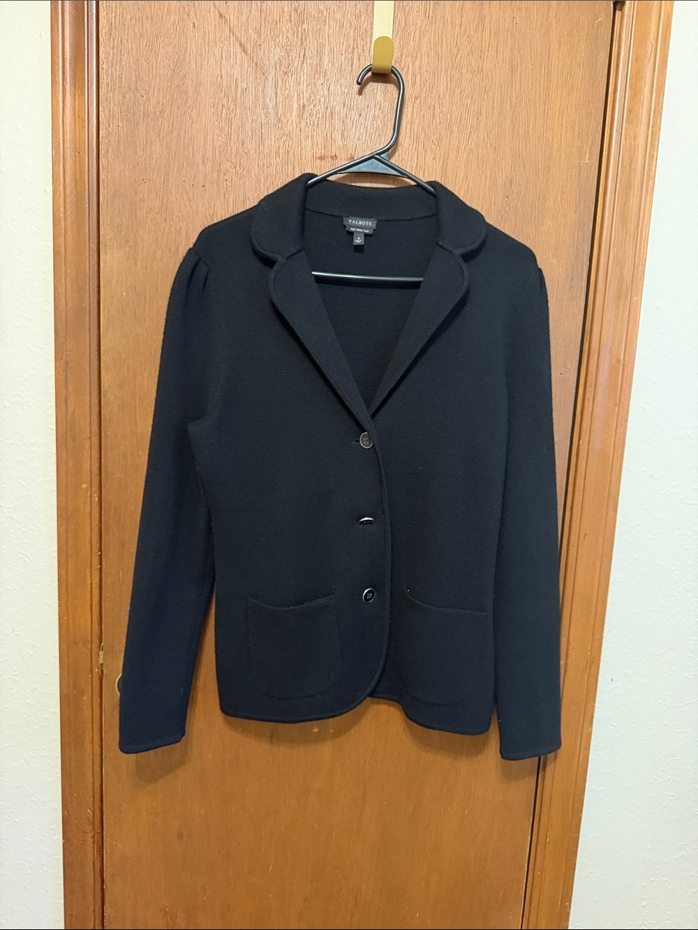 Talbots BlackMerino Wool Knit Blazer with Patch Pockets Sz S